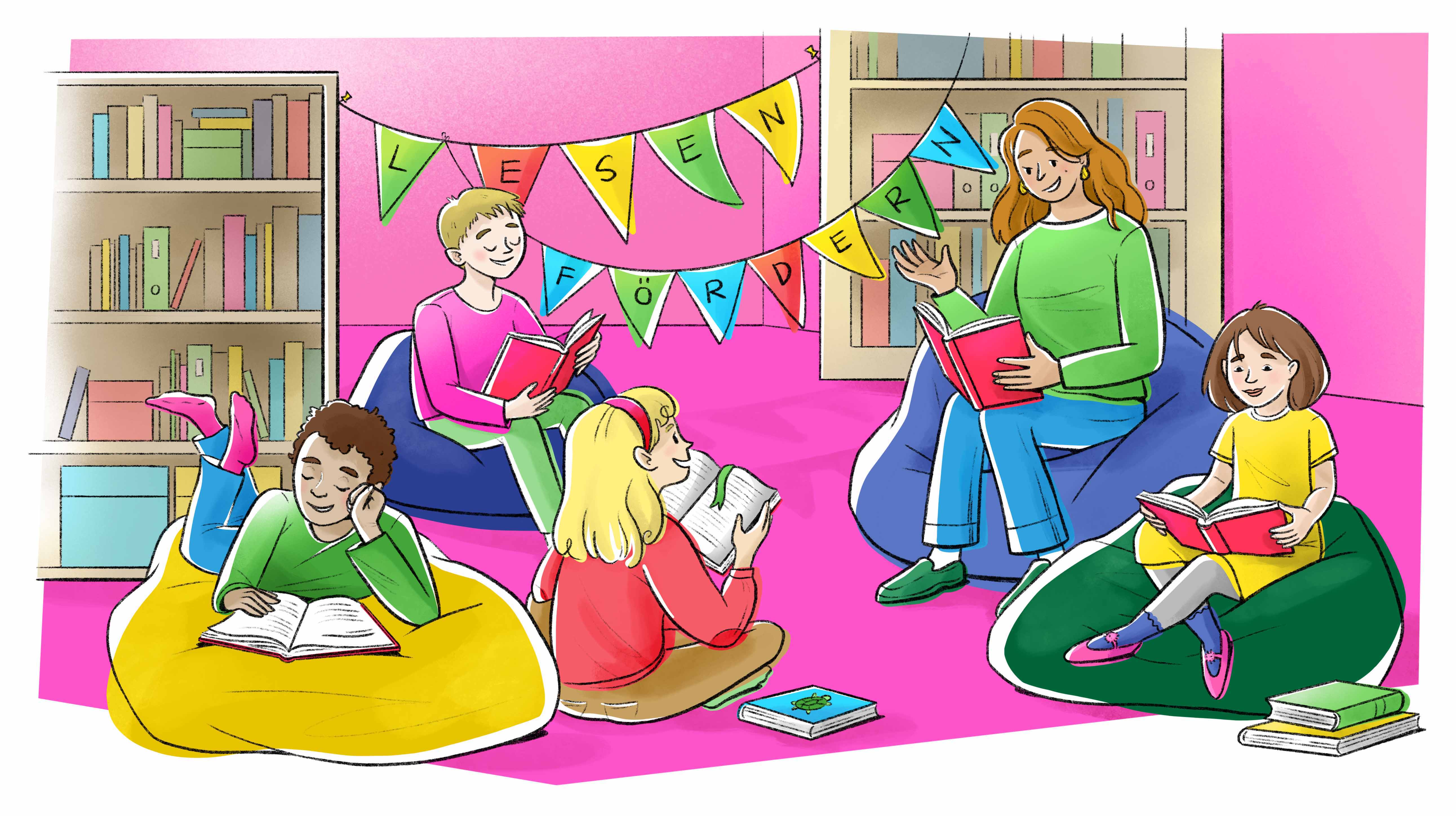 Fünf Jugendliche am Lesen