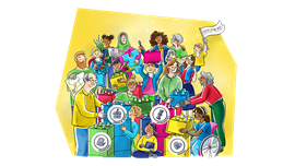 Illustration Schulen für alle mit Legosteinen und Erwachsenen und Lernenden